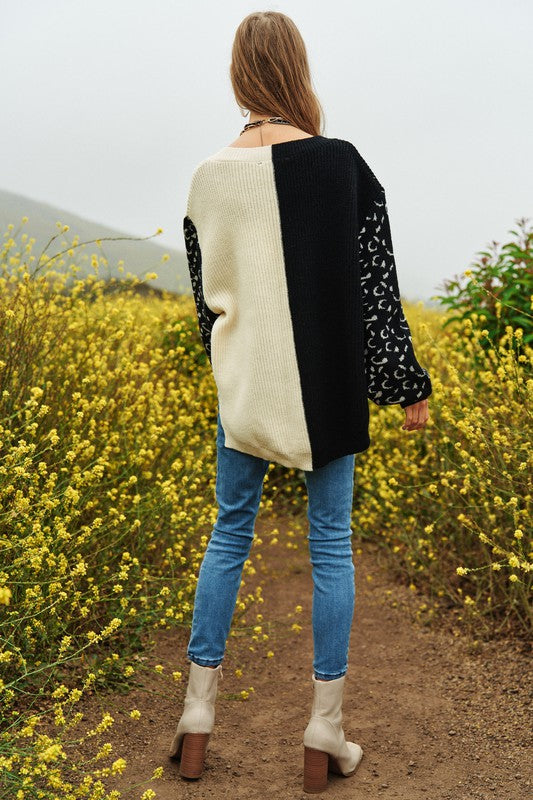 Leopard Oversized Half and Half Pullover Sweater