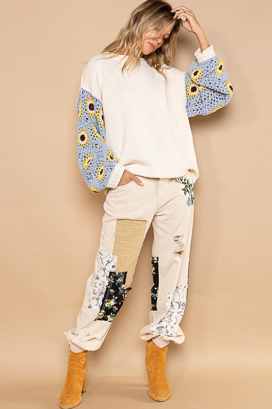 Contrast Square Pattern Sleeves Pullover Sweater