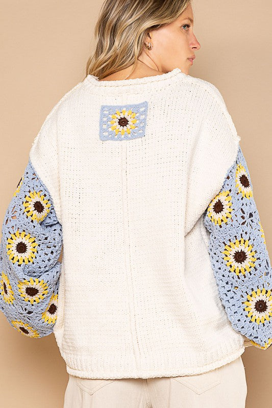 Contrast Square Pattern Sleeves Pullover Sweater