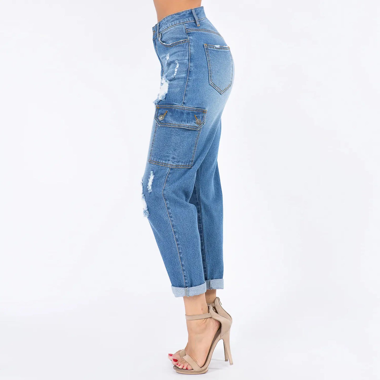 High Rise Roll Up Cargo Boyfriend Jeans