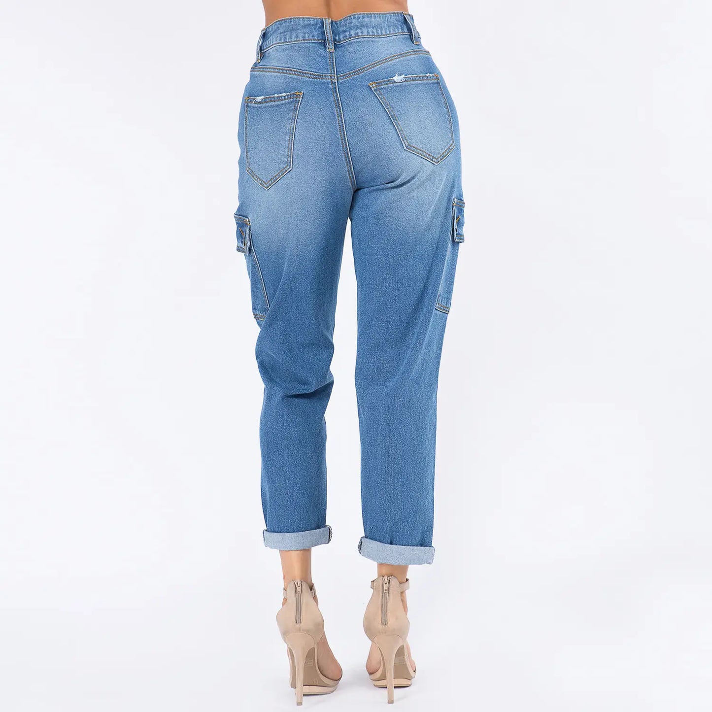 High Rise Roll Up Cargo Boyfriend Jeans