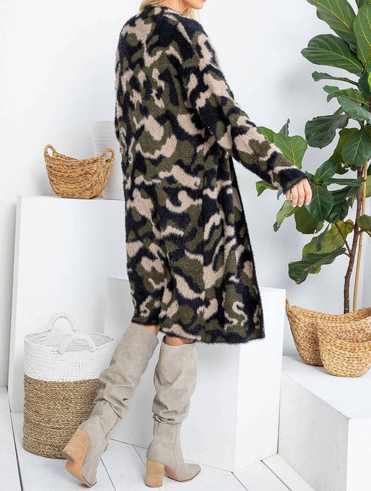 Camo Print Long Sweater Cardigan