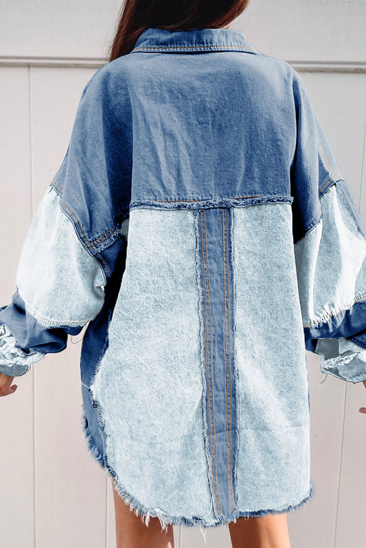 Blue Color Block Frayed Patchwork Oversize Denim Jacket
