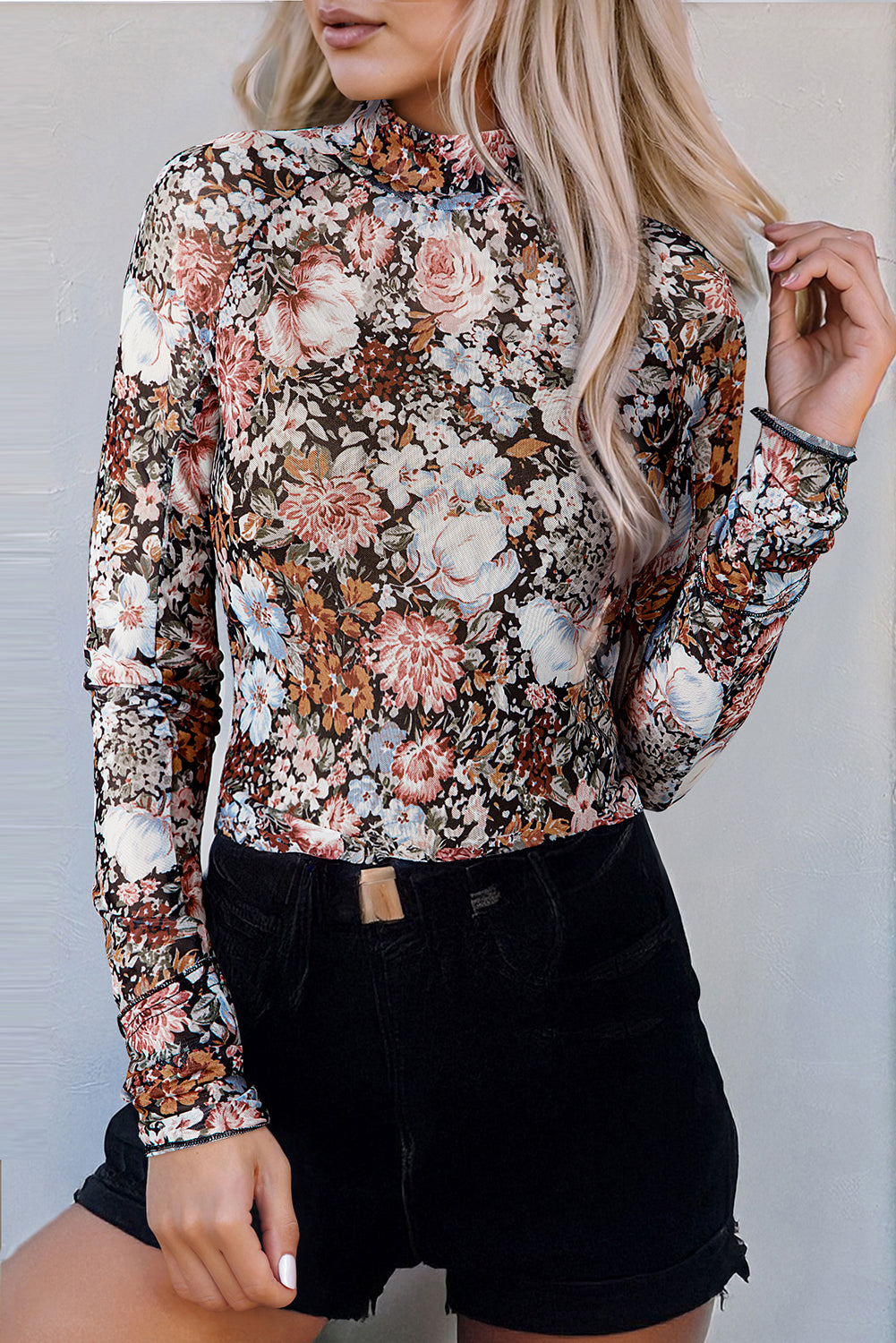 Brown Floral Long Sleeve High Neck Sheath Mesh Top