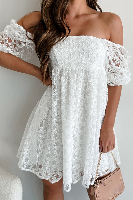 White Floral Lace Puff Sleeve Empire Waist Mini Dress