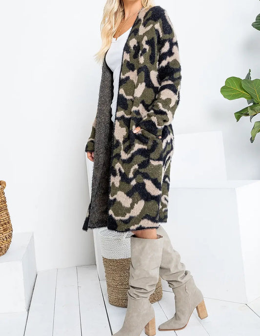 Camo Print Long Sweater Cardigan
